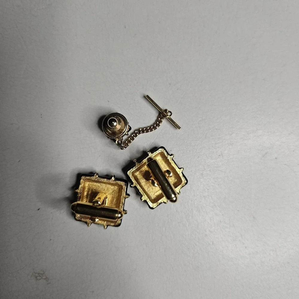 Vintage Cufflinks Tie Tack Lapel‎ Pin Gold Tone 70s